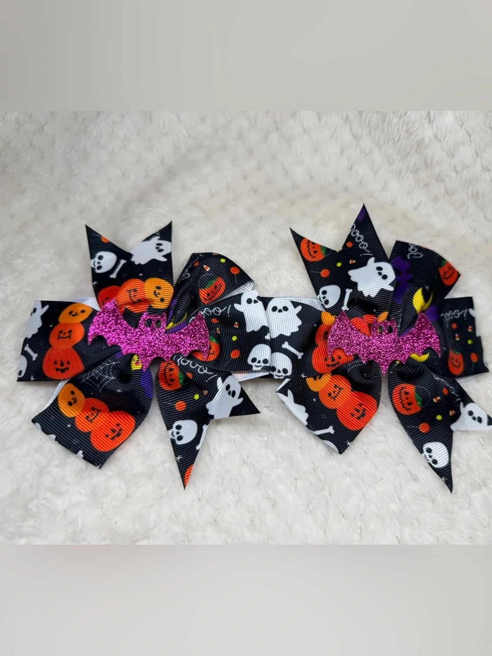 Kids Halloween Ghost & Pumpkin Hair Bow with Pink Glitter Bat